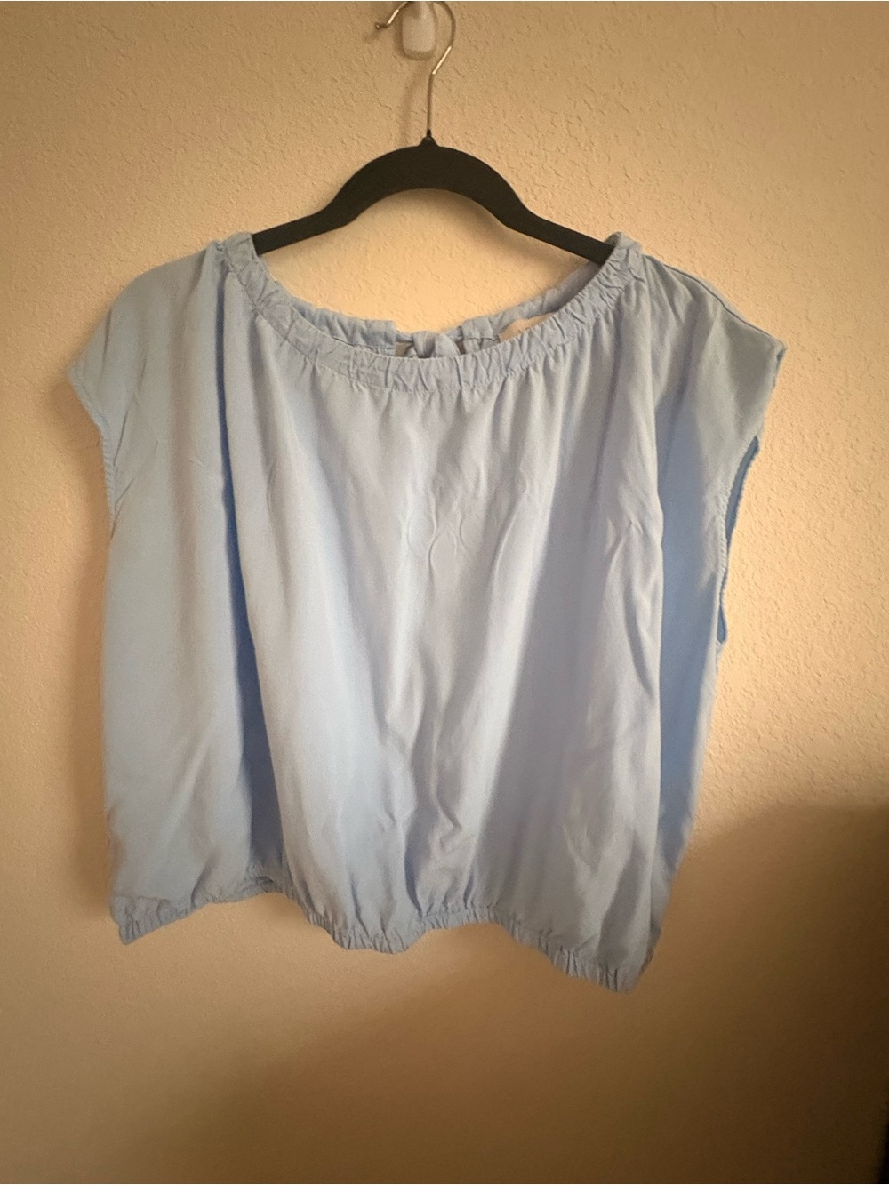 LOFT Women’s L Light Blue Rayon Blouse Tie Back Gathered Neck Elastic Hem